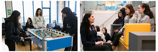 composite of Benson Pool Gallery and student lounge, with students sitting chatting and playing foosball
