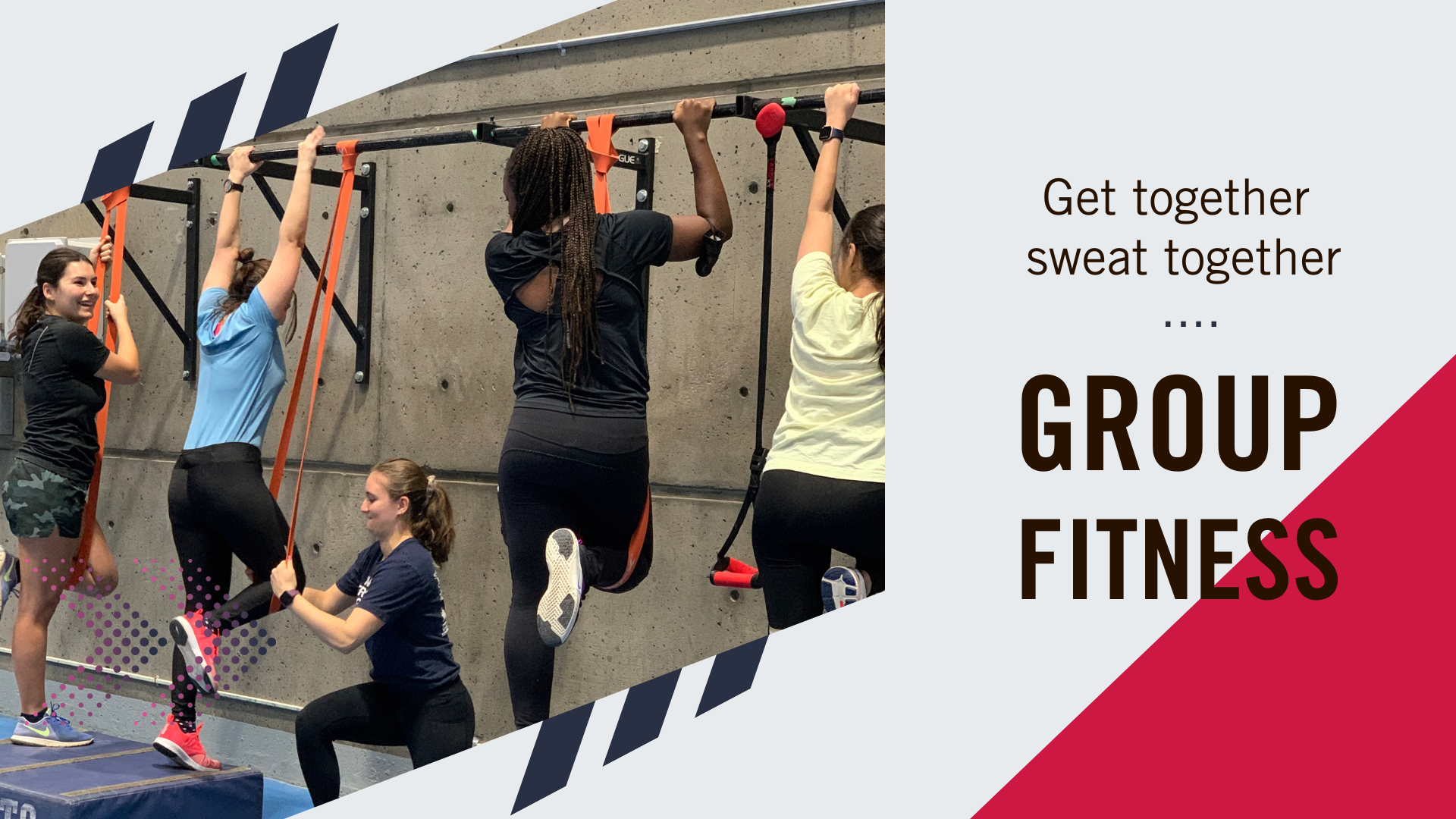 image depicts group of women doing pullups with bands and assisted by coach