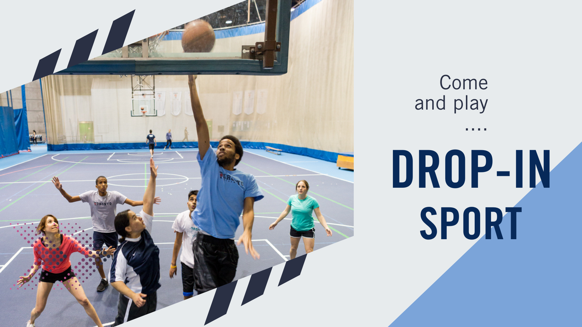 image depicts group of people playing drop-in basketball