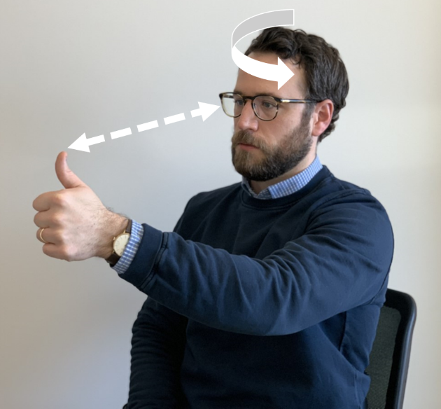 person sitting in seat moves pencil towards and away from eyes with directional arrows to show pencil and head movement patterns