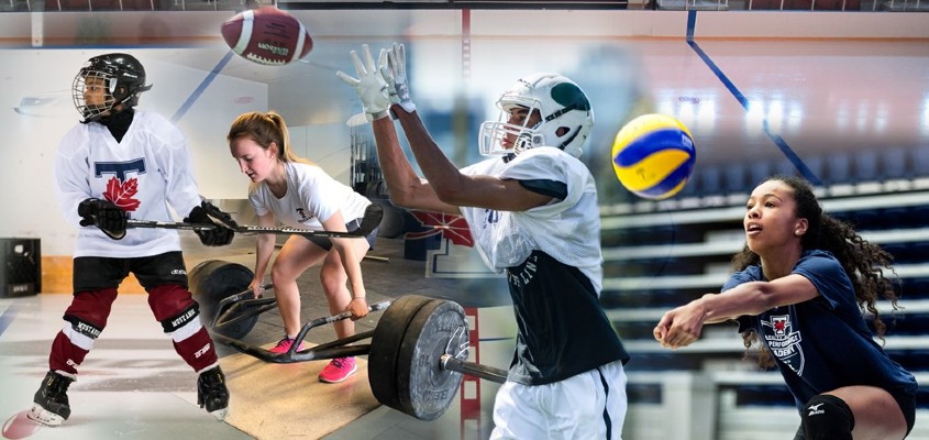 collage of youth playing hockey, soccer, volleyball and lifting weights
