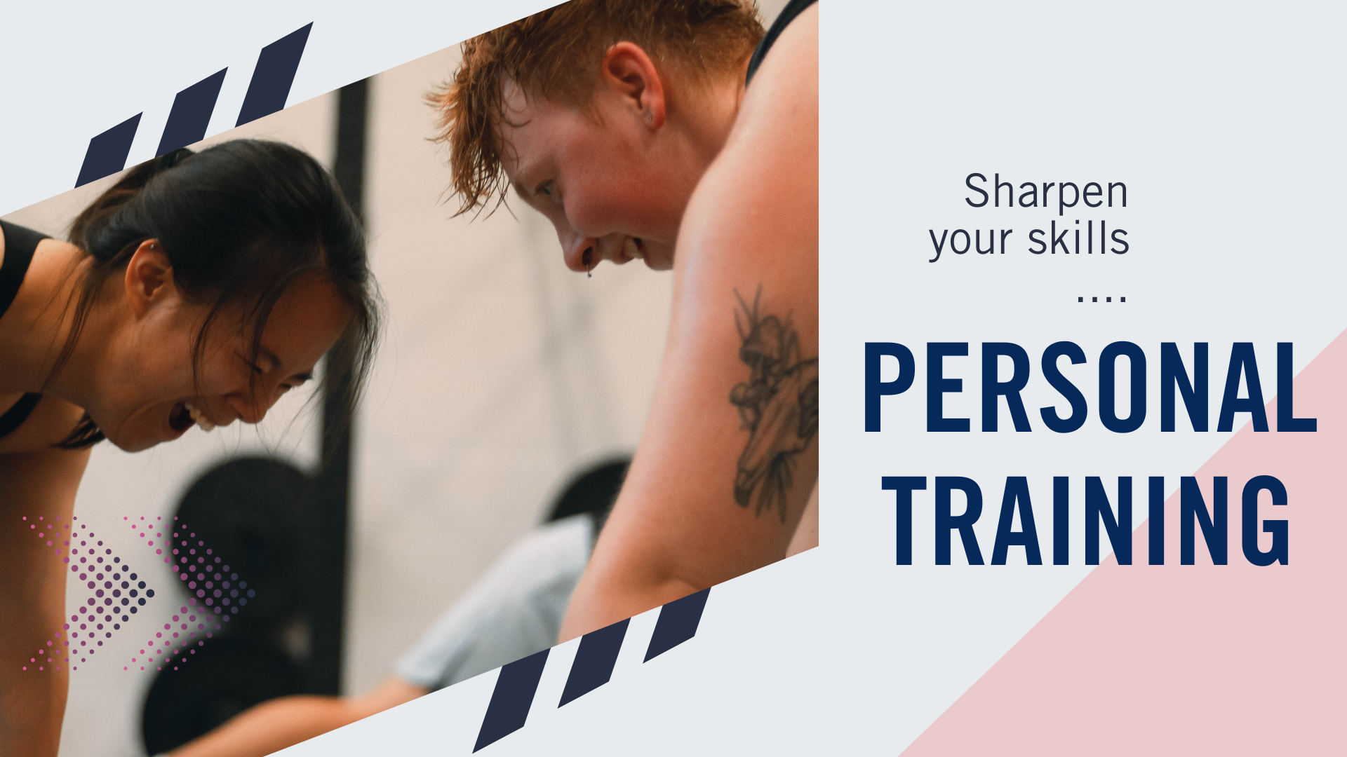 Image advertising Personal Training depicts two people face to face in pushup position