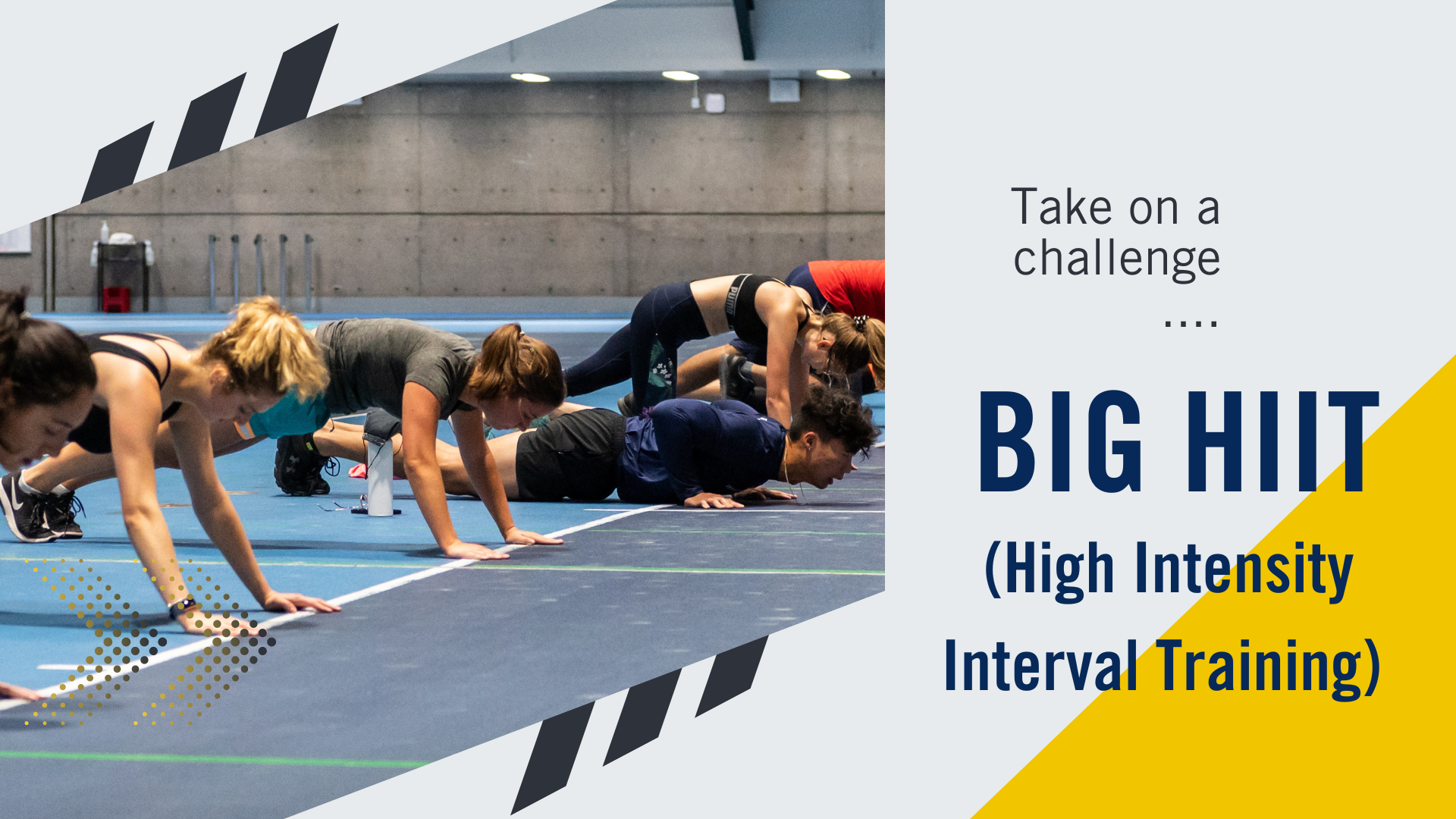 graphic image advertising High Intensity Interval Training with group of people doing pushups depicted