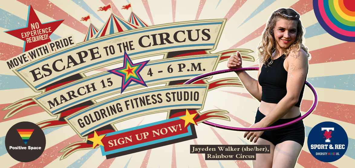 Poster shows Jadyn, a white femme, playfully posing with a hula hoop