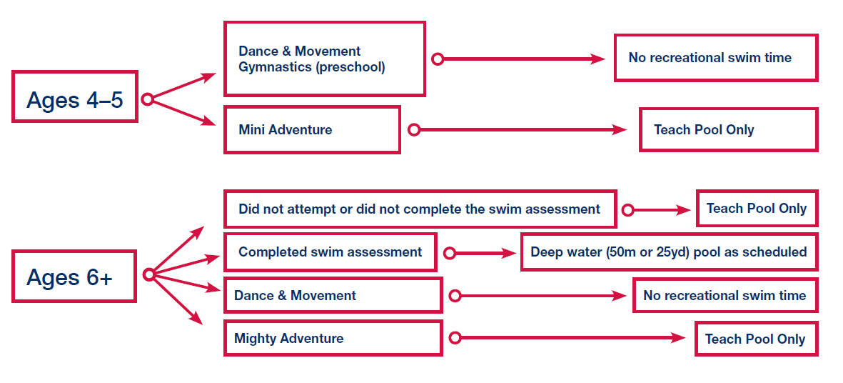 This flow chart outlines which campers swim in which pool.