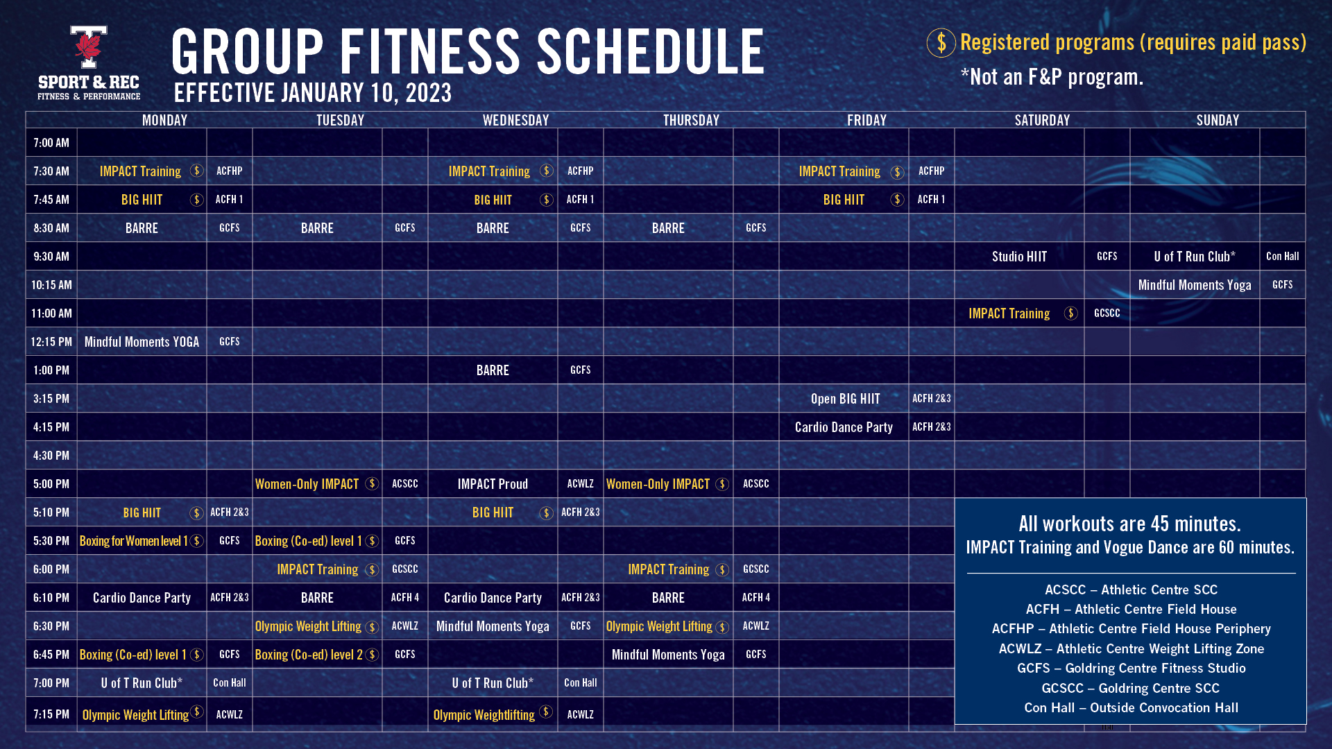 Group fitness schedule in a table listing