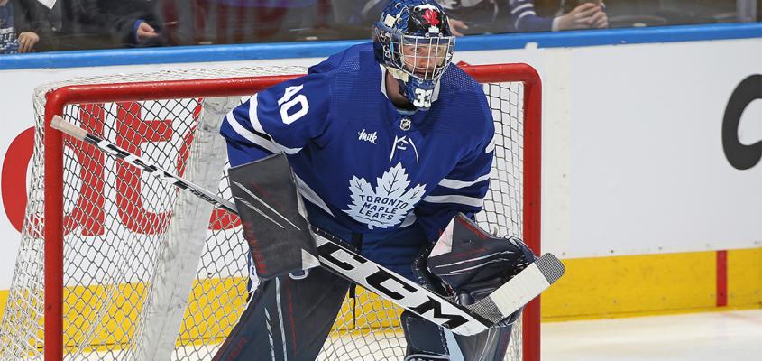 Varsity Blues' Jett Alexander was called on as a back-up goaltender for the Maple Leafs