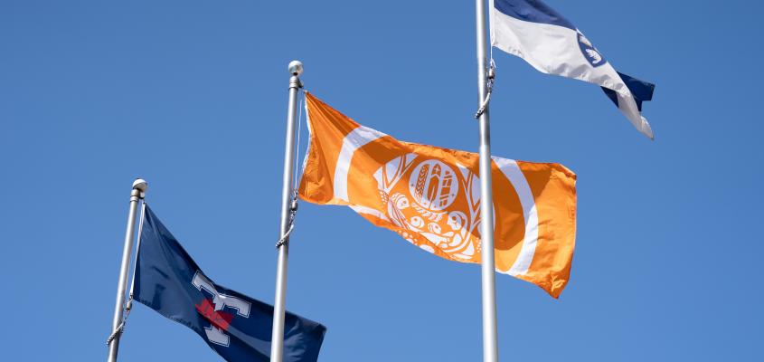 photo of Survivor's Flag raised at U of T Varsity Stadium, flanked by the Varsity Blues flag on the left and the U of T flag on the right