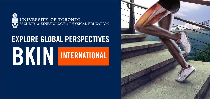 cropped shot of legs running up stairs with muscles superimposed, with text: explore global perspectives, bkin international