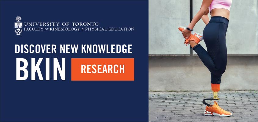 woman with prosthetic leg stretching accompanied by text: discover new knowledge, bkin research