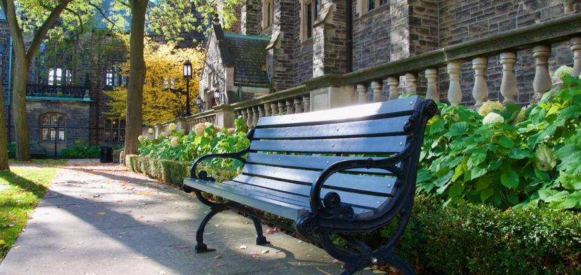 empty bench in trinity college quad