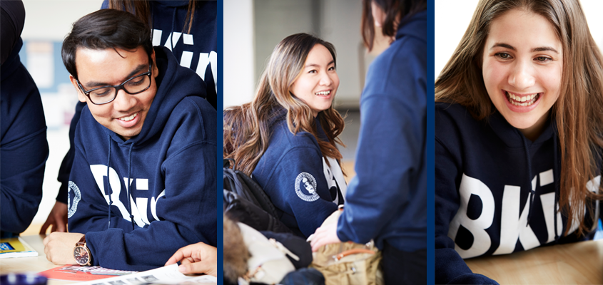 three panel image featuring students of different ethnicities wearing branded BKin hoodies