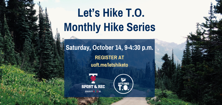 Hiking poster showing a dirt trail with green grass and pine trees on either side. The trail curves up to the left. 