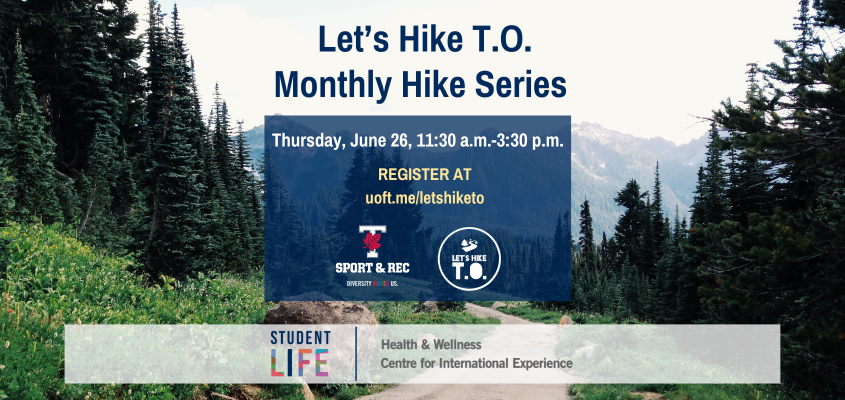 Pine trees and other greenery around a trail, foregrounded by information about the Monthly Hike Series with Let's Hike T.O.
