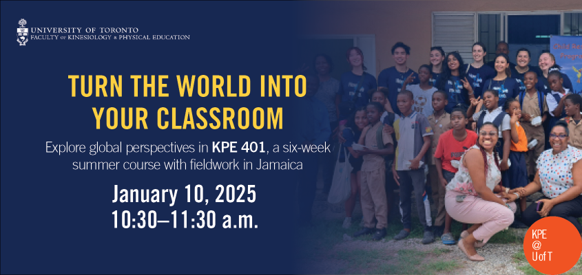 jamaican children and KPE students posing outdoors with text: 'turn the world into your classroom'