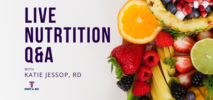 photo of fresh fruit with overlaid text: live nutrition q & a