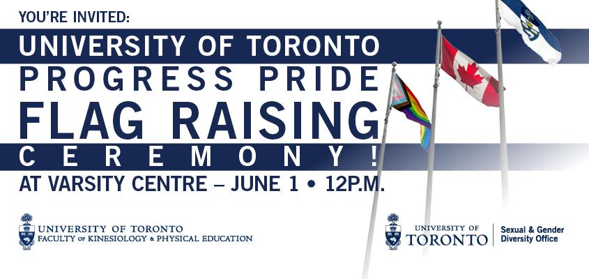 Photo of the progress pride flag, canada flag and U of T flag raised and waving in the wind