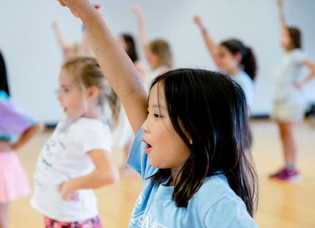 group of female children in cheerleading camp practicing