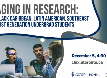 event title with date, time and registration URL and photo of 4 racialized students sitting at table with laptops