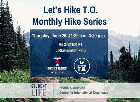 Pine trees and other greenery around a trail, foregrounded by information about the Monthly Hike Series with Let's Hike T.O.